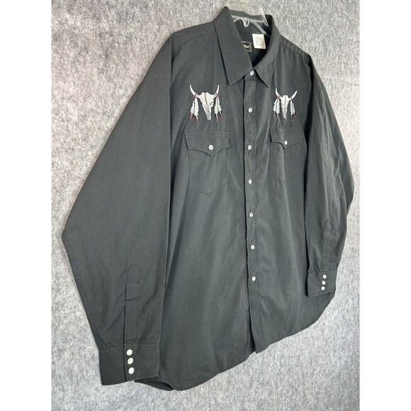 VTG High Noon Pearl Snap Western Shirt Men's XL Cow Skull Embroidered Black - Picture 3 of 10